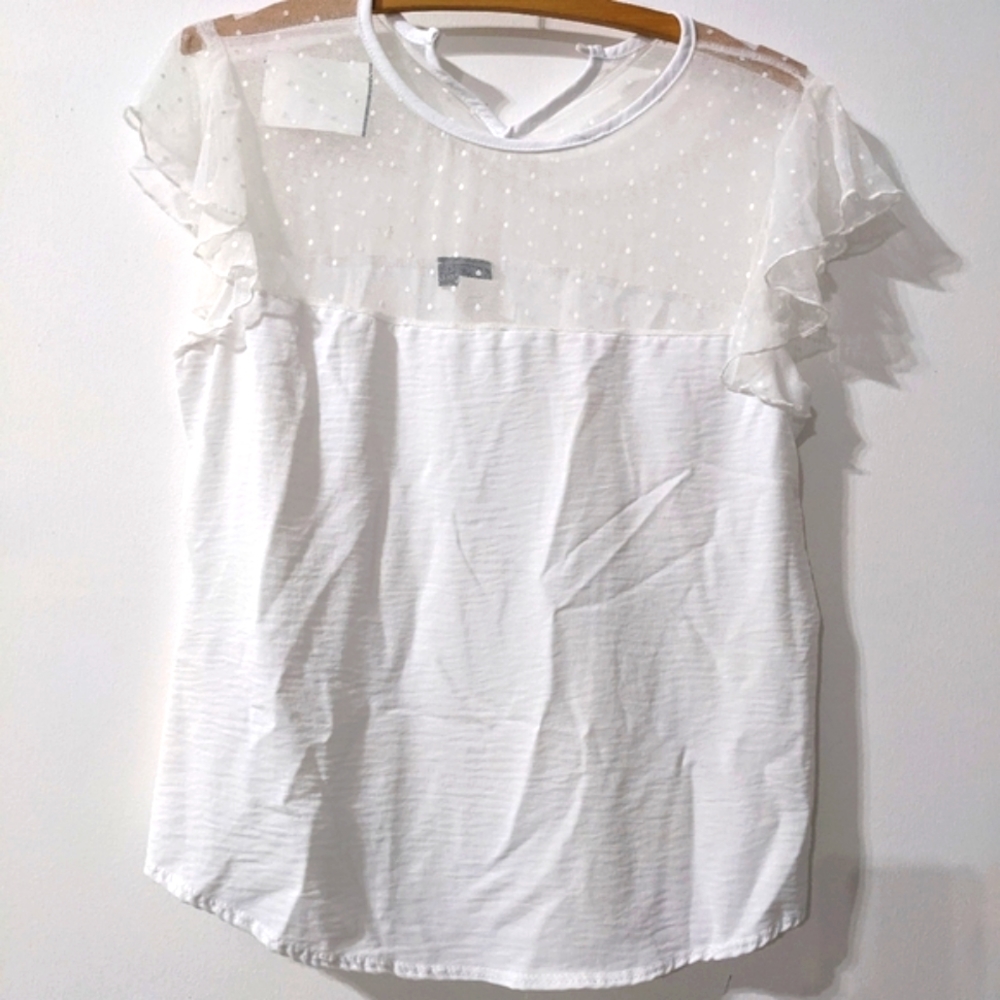 White Swiss Polka Dot Blouse Ruffle Sleeve Top Size Medium My Invasion